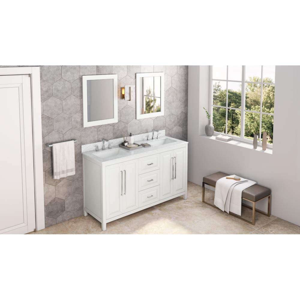 Jeffrey Alexander VKITCAD60WHWCR 60" White Cade Vanity, double bowl, White Carrara Marble Vanity Top, undermount rectangle bowl
