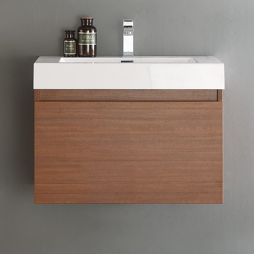 Fresca FCB8007TK-I Fresca Mezzo 30" Teak Wall Hung Modern Bathroom Cabinet w/ Integrated Sink