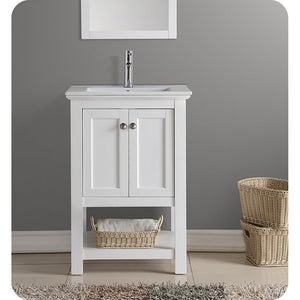 Fresca Manchester 24 Inch White Bathroom Open Vanity with Storage Shelf - Countertop & Ceramic Sink with Cabinets - Faucet Not Included