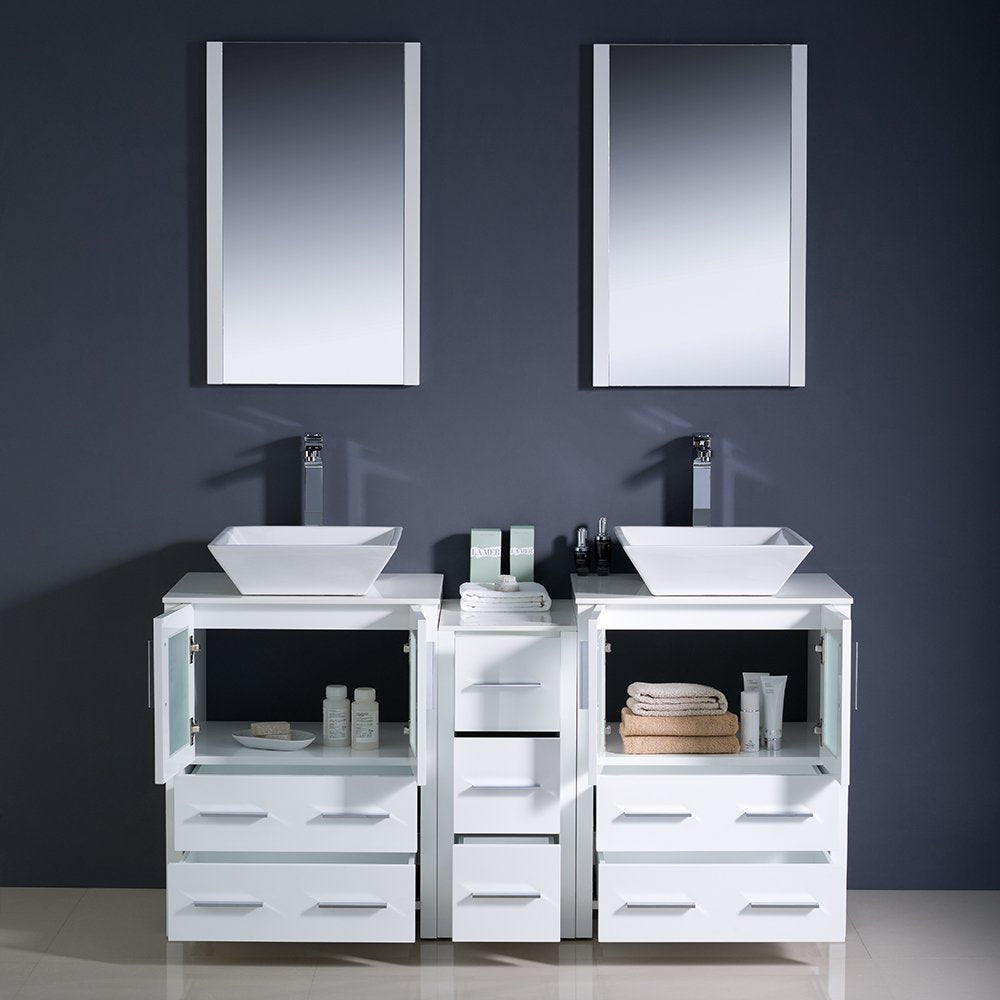 Fresca FVN62-241224WH-VSL Fresca Torino 60" White Modern Double Sink Bathroom Vanity w/ Side Cabinet & Vessel Sinks