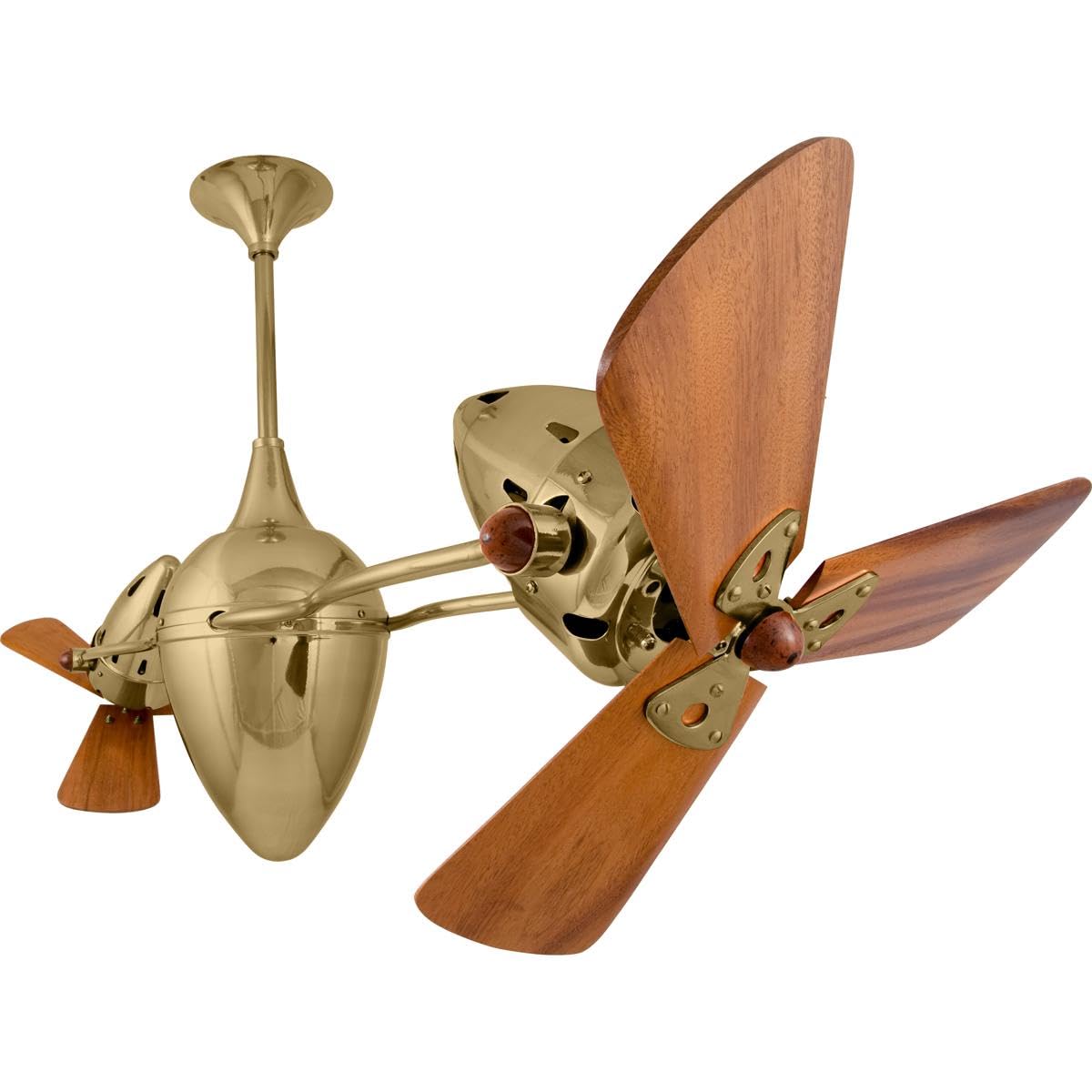 Matthews Fan AR-PB-WD Ar Ruthiane 360° dual headed rotational ceiling fan in polished brass finish with solid sustainable mahogany wood blades.