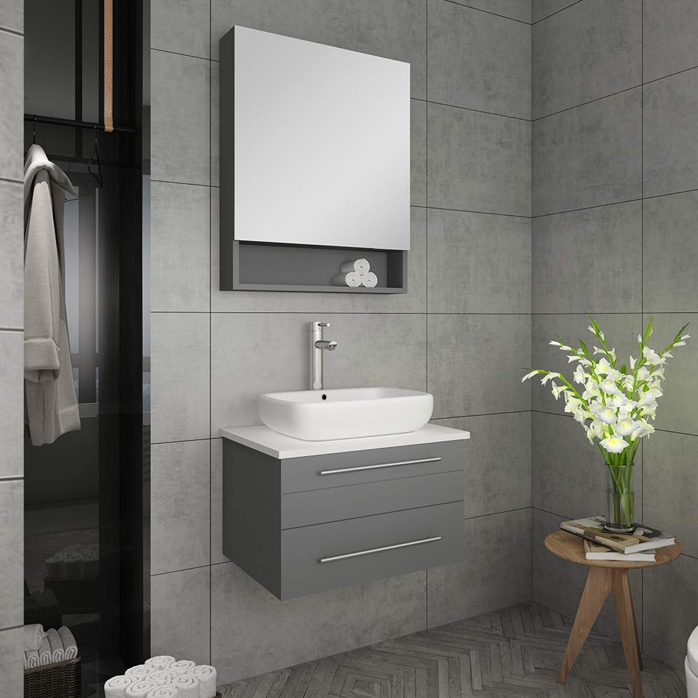 Fresca FVN6124GR-VSL Fresca Lucera 24" Gray Wall Hung Vessel Sink Modern Bathroom Vanity w/ Medicine Cabinet