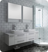 Fresca FVN6160WH-VSL-D Fresca Lucera 60" White Wall Hung Double Vessel Sink Modern Bathroom Vanity w/ Medicine Cabinets