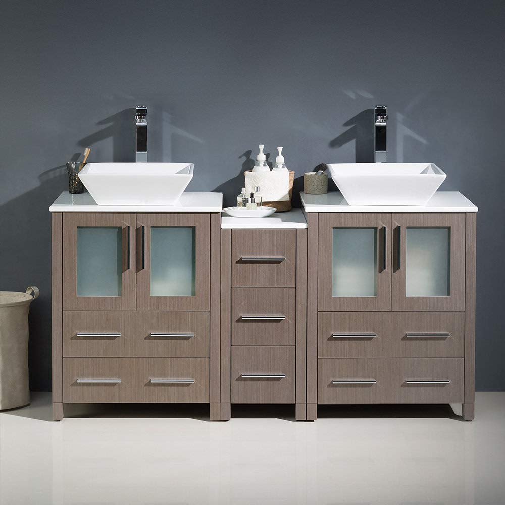 Fresca FCB62-241224WH-CWH-V Fresca Torino 60" White Modern Double Sink Bathroom Cabinets w/ Tops & Vessel Sinks