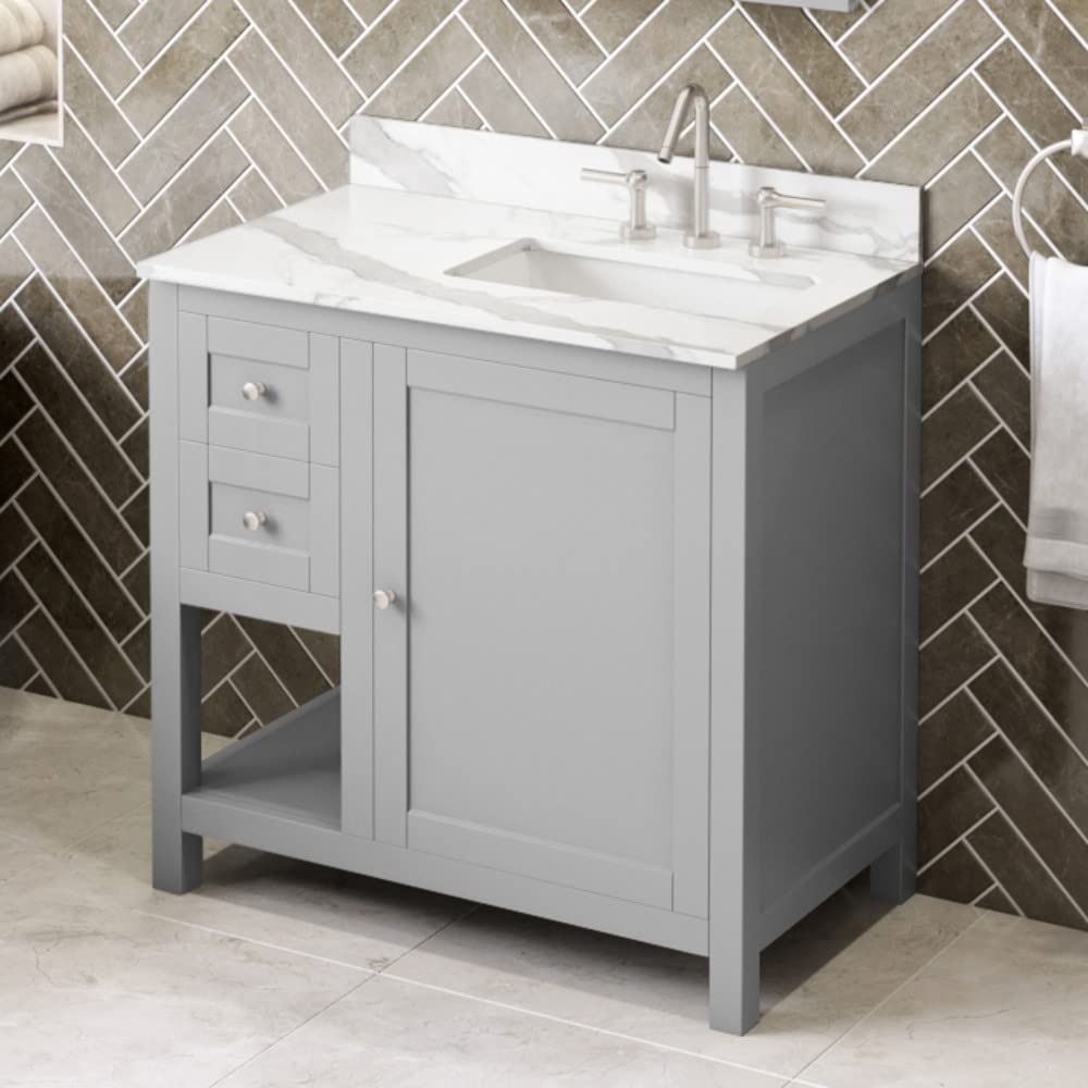 Jeffrey Alexander VKITAST36GRCQR 36" Grey Astoria Vanity, right offset, Calacatta Vienna Quartz Vanity Top, undermount rectangle bowl