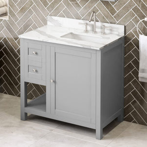 Jeffrey Alexander VKITAST36GRCQR 36" Grey Astoria Vanity, right offset, Calacatta Vienna Quartz Vanity Top, undermount rectangle bowl