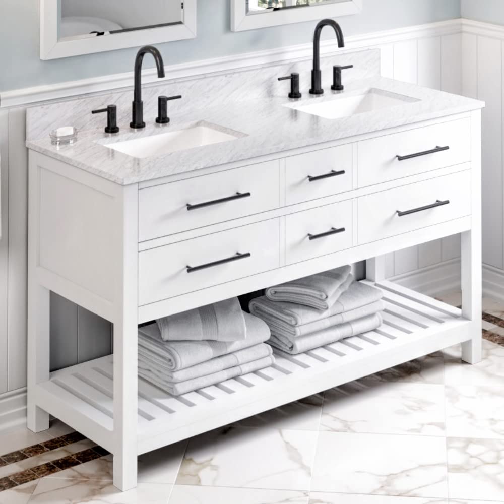 Jeffrey Alexander VKITWAV60WHWCR 60" White Wavecrest Vanity, double bowl, White Carrara Marble Vanity Top, two undermount rectangle bowls