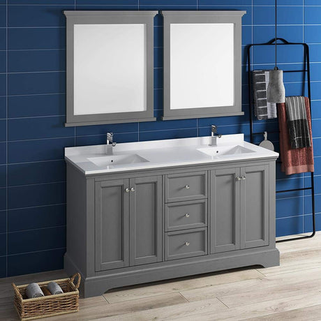 Fresca FVN2460GRV Fresca Windsor 60" Gray Textured Traditional Double Sink Bathroom Vanity w/ Mirrors