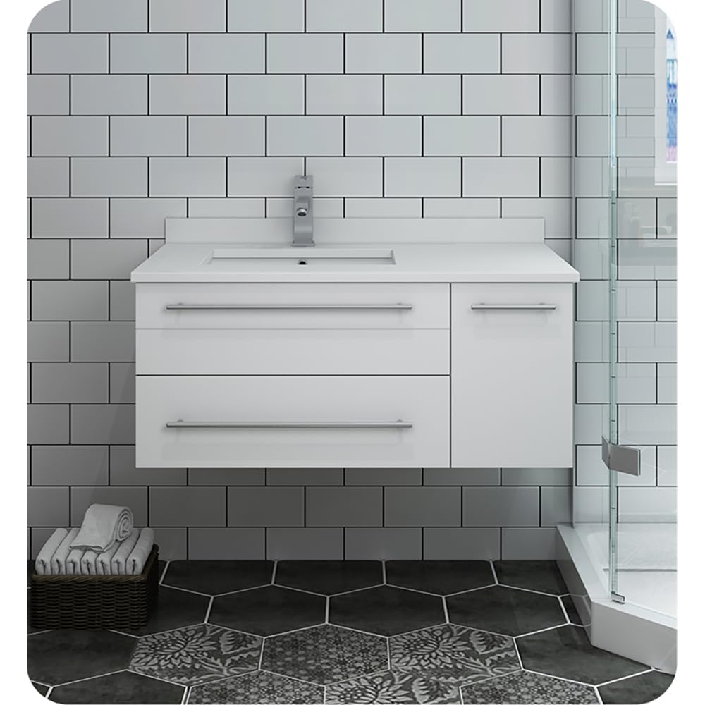 Fresca FCB6136WH-UNS-L-CWH-U Fresca Lucera 36" White Wall Hung Modern Bathroom Cabinet w/ Top & Undermount Sink - Left Version