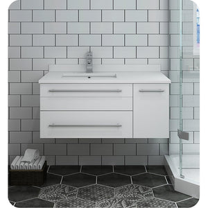 Fresca FCB6136WH-UNS-L-CWH-U Fresca Lucera 36" White Wall Hung Modern Bathroom Cabinet w/ Top & Undermount Sink - Left Version