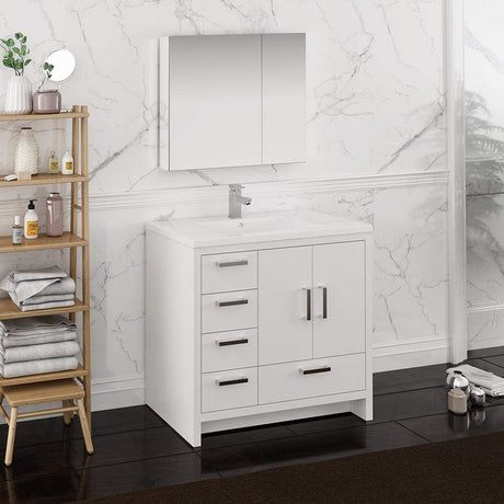 Fresca FVN9436WH-L Fresca Imperia 36" Glossy White Free Standing Modern Bathroom Vanity w/ Medicine Cabinet- Left Version