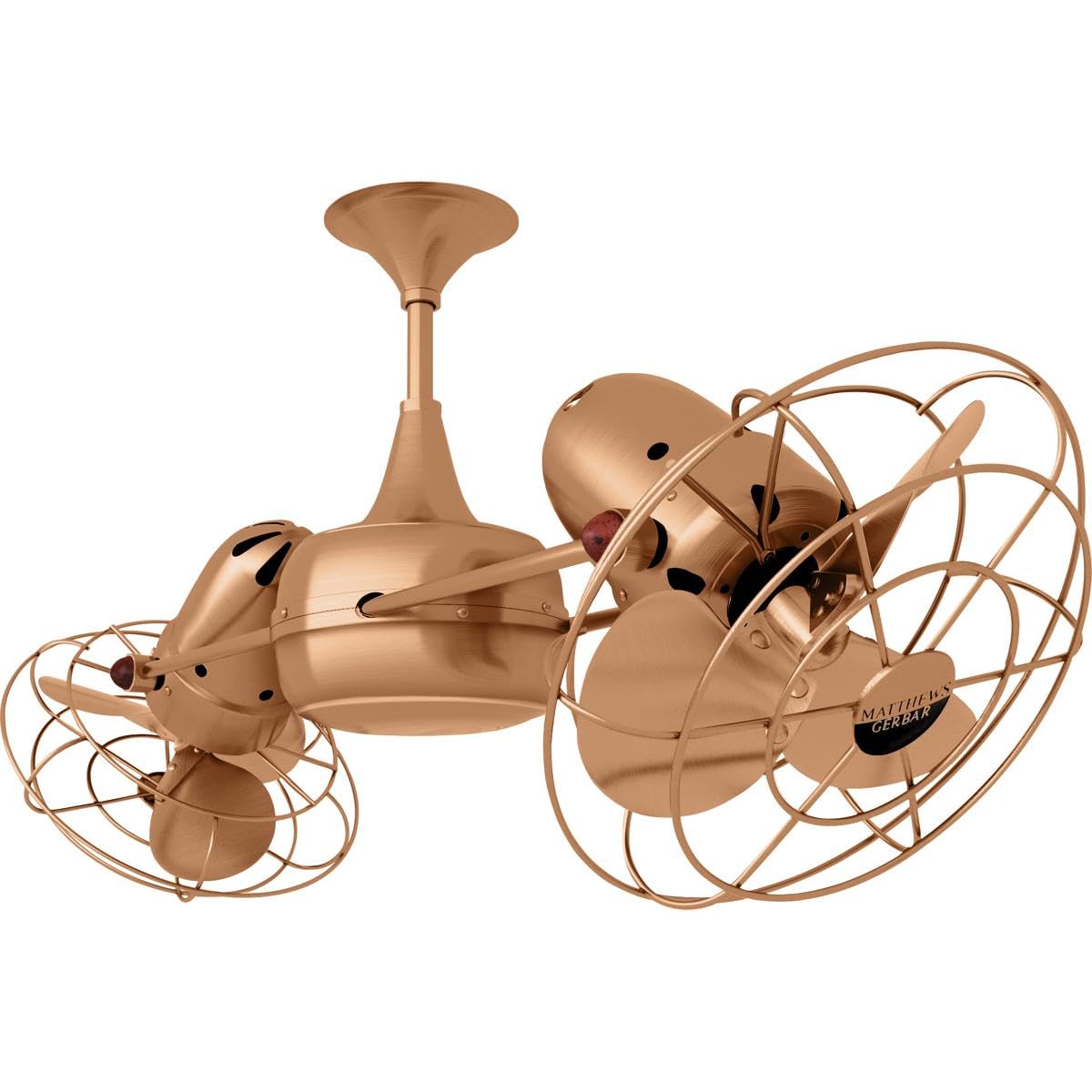 Matthews Fan DD-BRCP-MTL Duplo Dinamico 360” rotational dual head ceiling fan in Brushed Copper finish with Metal blades.