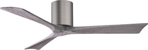 Matthews Fan IR3H-BP-BW-52 Irene-3H three-blade flush mount paddle fan in Brushed Pewter finish with 52” solid barn wood tone blades. 