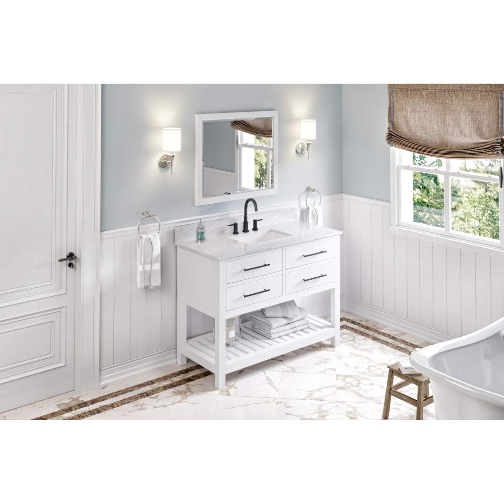 Jeffrey Alexander VKITWAV48WHWCR 48" White Wavecrest Vanity, White Carrara Marble Vanity Top, undermount rectangle bowl