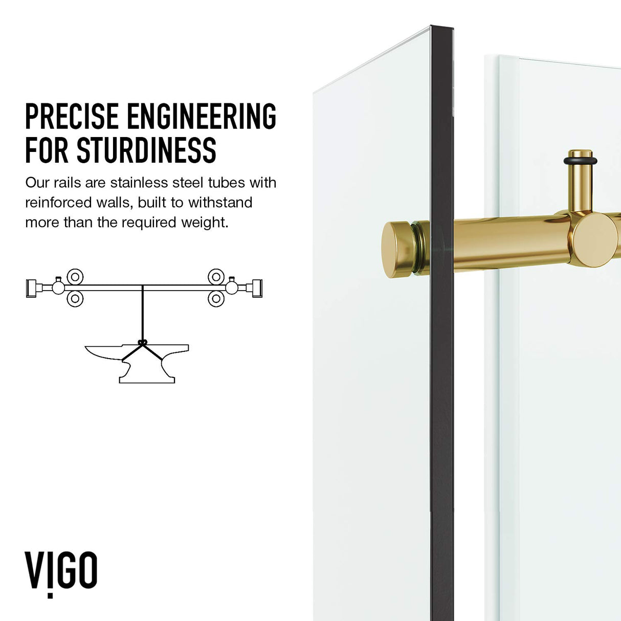 VIGO 48"W x 82"H Elan E-Class Frameless Sliding Rectangle Shower Enclosure with Clear Tempered Glass, Left Door Handle and Stainless Steel Hardware in Matte Brushed Gold and Right Base -VG6053MGCL48WR
