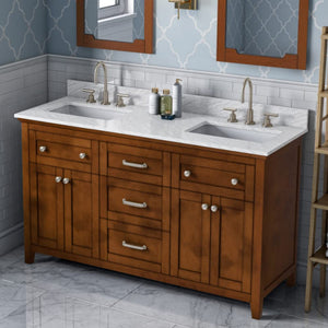 Jeffrey Alexander VKITCHA60CHWCR 60" Chocolate Chatham Vanity, double bowl, White Carrara Marble Vanity Top, two undermount rectangle bowls