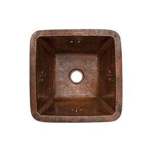 Premier Copper Products BS15FDB2 15-Inch Universal Square Fleur De Lis Hammered Copper Bar Sink with 2-Inch Drain Size, Oil Rubbed Bronze