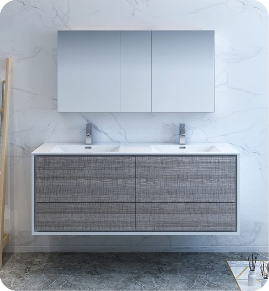 Fresca FCB9260HA-D Fresca Catania 60" Glossy Ash Gray Wall Hung Double Sink Modern Bathroom Cabinet