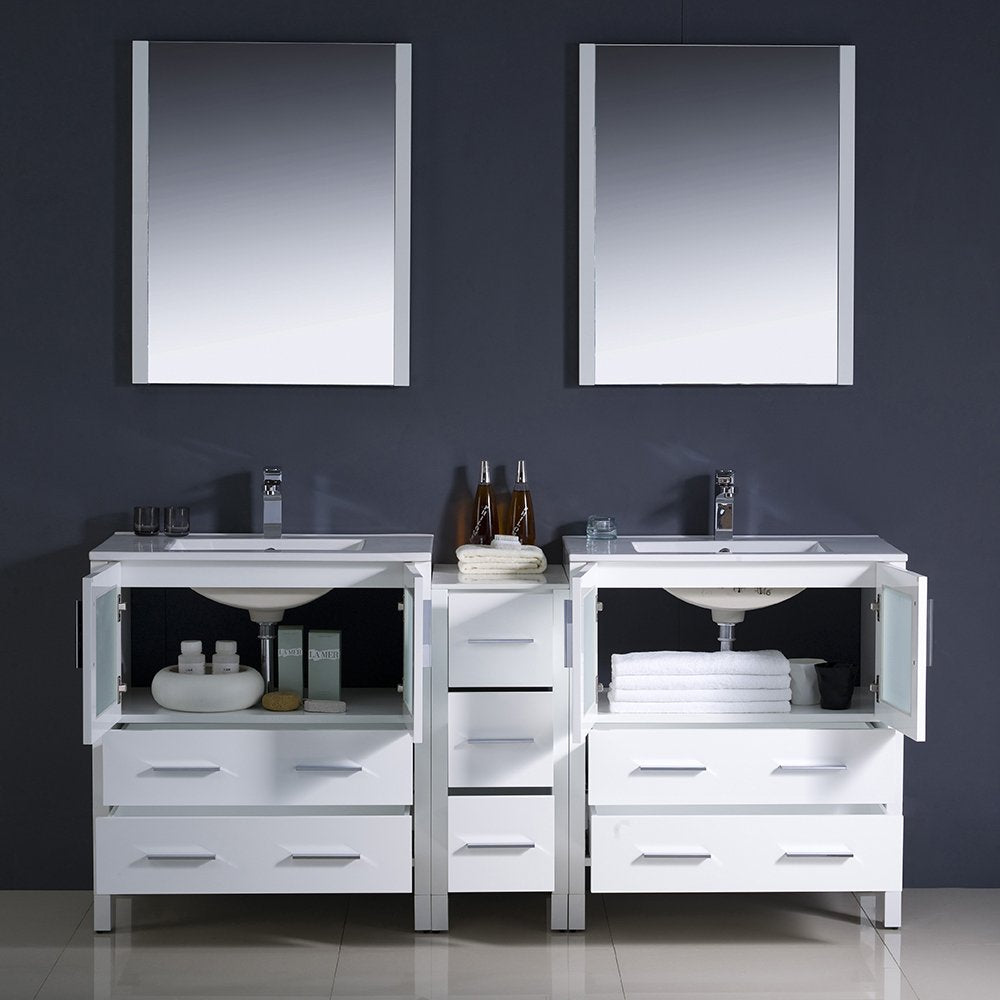 Fresca FVN62-301230WH-UNS Fresca Torino 72" White Modern Double Sink Bathroom Vanity w/ Side Cabinet & Integrated Sinks
