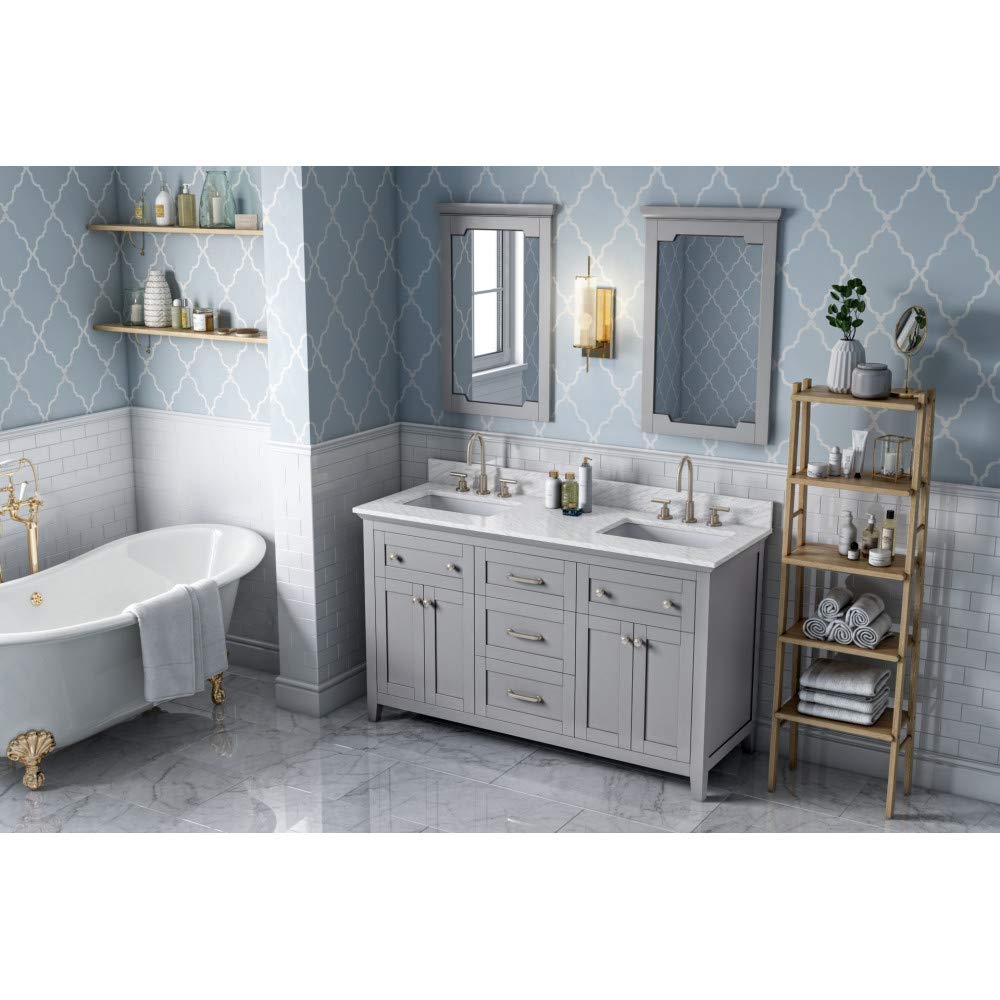 Jeffrey Alexander VKITCHA60GRWCR 60" Grey Chatham Vanity, double bowl, White Carrara Marble Vanity Top, two undermount rectangle bowls