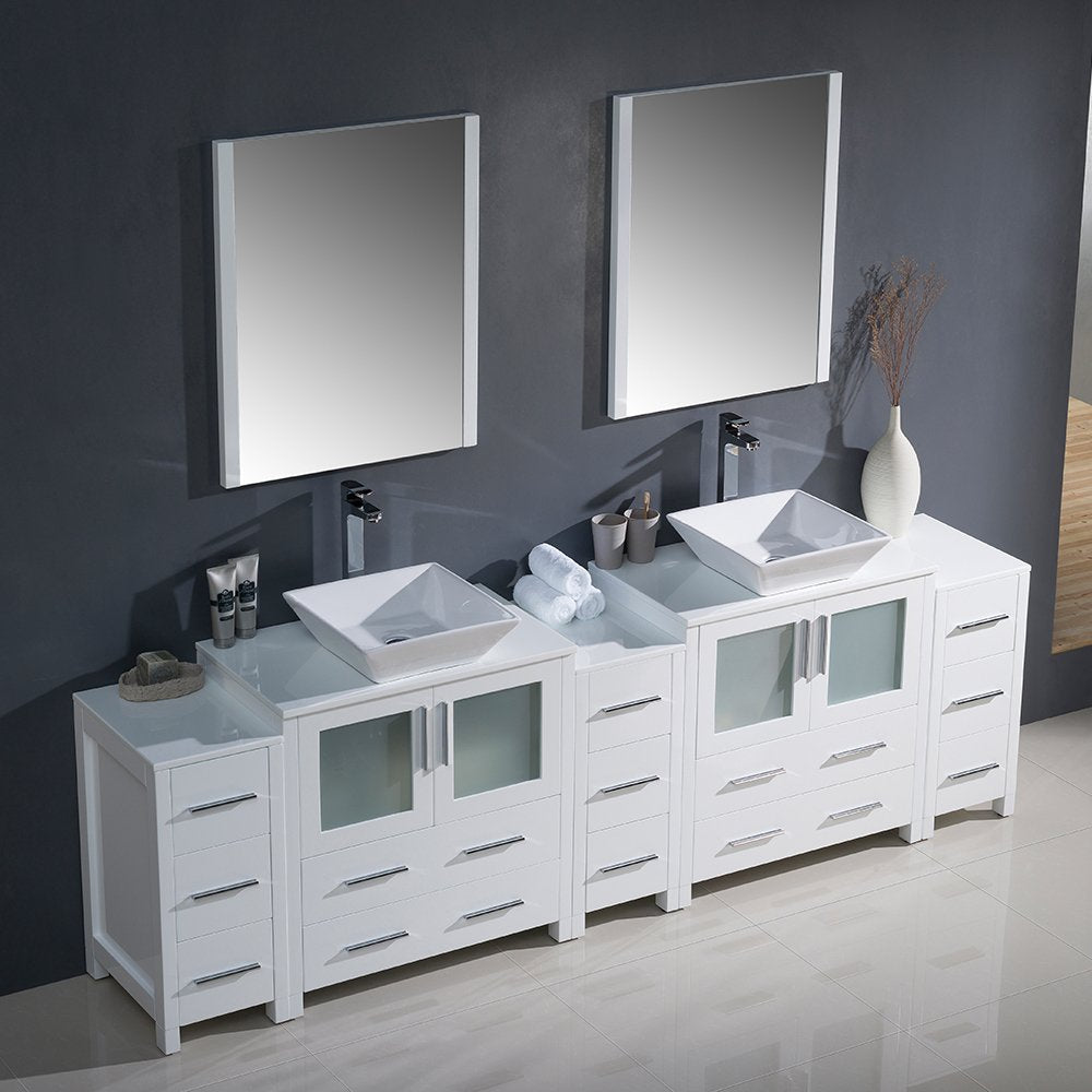 Fresca FVN62-96WH-VSL Fresca Torino 96" White Modern Double Sink Bathroom Vanity w/ 3 Side Cabinets & Vessel Sinks