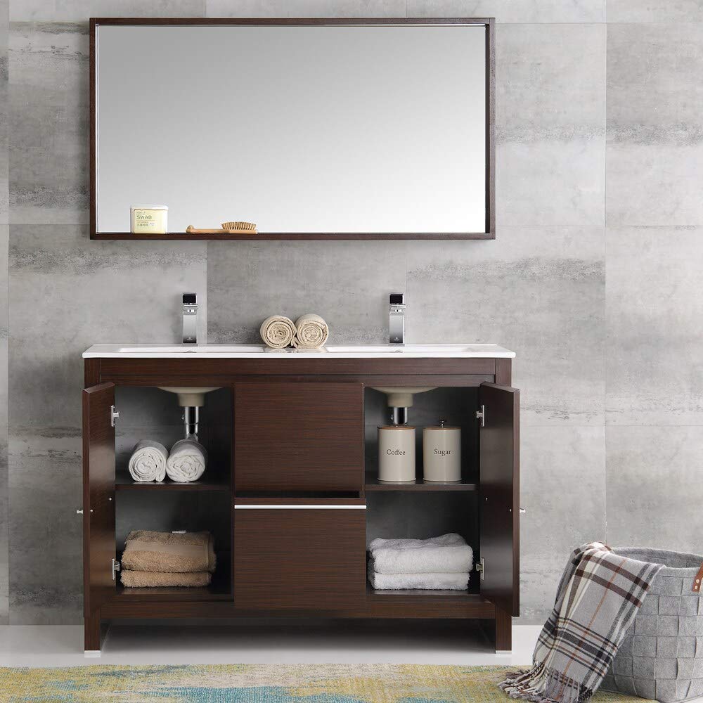 Fresca FVN8148WG-D Fresca Allier 48" Wenge Brown Modern Double Sink Bathroom Vanity w/ Mirror