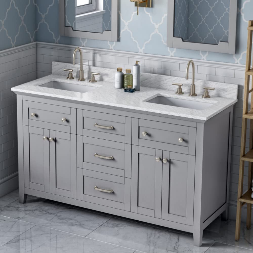 Jeffrey Alexander VKITCHA60GRWCR 60" Grey Chatham Vanity, double bowl, White Carrara Marble Vanity Top, two undermount rectangle bowls