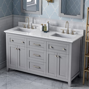 Jeffrey Alexander VKITCHA60GRWCR 60" Grey Chatham Vanity, double bowl, White Carrara Marble Vanity Top, two undermount rectangle bowls