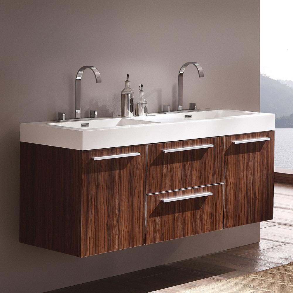 Fresca FCB8013GW-I Fresca Opulento 54" Walnut Modern Double Sink Cabinet w/ Integrated Sinks