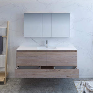 Fresca FVN9260RNW-S Fresca Catania 60" Rustic Natural Wood Wall Hung Single Sink Modern Bathroom Vanity w/ Medicine Cabinet