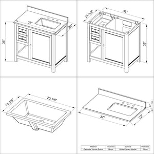 Jeffrey Alexander VKITAST36GRWCR 36" Grey Astoria Vanity, right offset, White Carrara Marble Vanity Top, undermount rectangle bowl