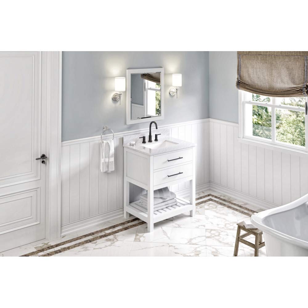 Jeffrey Alexander VKITWAV30WHWCR 30" White Wavecrest Vanity, White Carrara Marble Vanity Top, undermount rectangle bowl