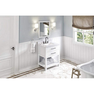 Jeffrey Alexander VKITWAV30WHWCR 30" White Wavecrest Vanity, White Carrara Marble Vanity Top, undermount rectangle bowl