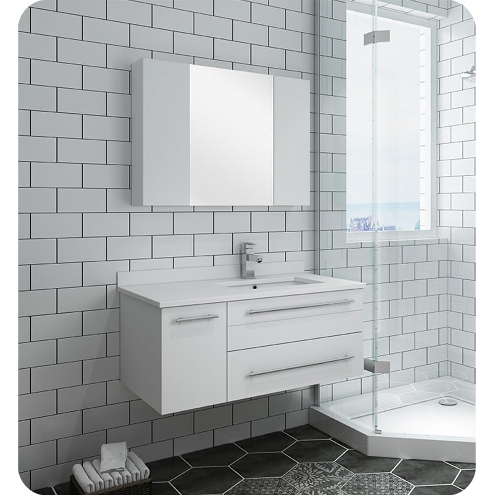 Fresca FVN6136WH-UNS-R Fresca Lucera 36" White Wall Hung Undermount Sink Modern Bathroom Vanity w/ Medicine Cabinet - Right Version