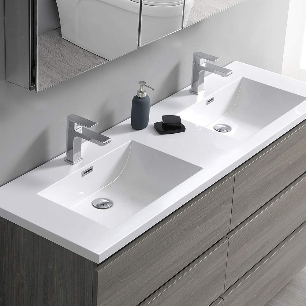 Fresca FCB93-3636HA-D-I Fresca Lazzaro 72" Glossy Ash Gray Free Standing Modern Bathroom Cabinet w/ Integrated Double Sink