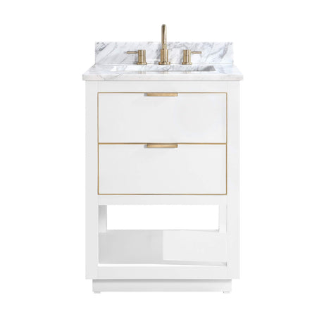 Avanity Allie 25 in. Vanity Combo in White with Gold Trim and Carrara White Marble Top 
