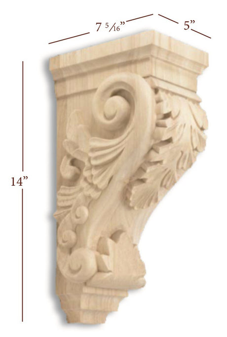 Hardware Resources CORBB-2RW 5" W x 7" D x 14" H Rubberwood Acanthus Corbel