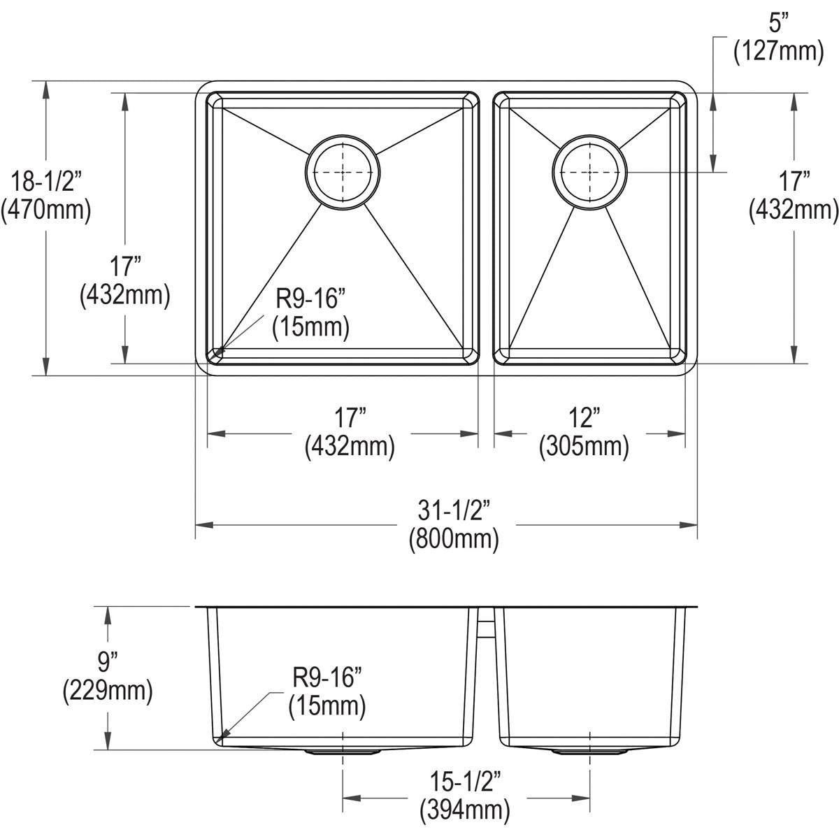 Elkay Crosstown ECTRU32179RDBG 60/40 Double Bowl Undermount Stainless Steel Sink Kit