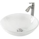 VIGO VGT1091 16.5" L -16.5" W -12.38" H Handmade Countertop Glass Round Vessel Bathroom Sink Set in White Frost Finish with Brushed Nickel Single-Handle Single Hole Faucet and Pop Up Drain