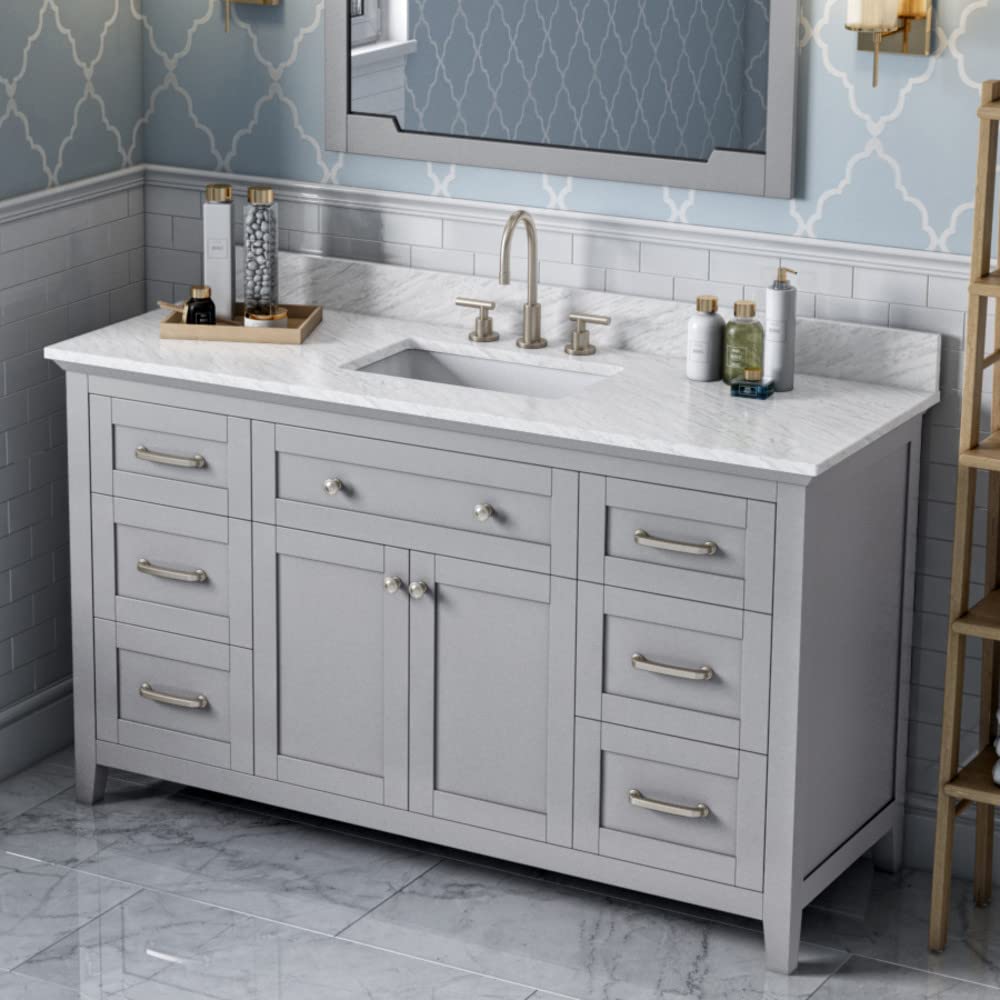 Jeffrey Alexander VKITCHA60SGRWCR 60" Grey Chatham Vanity, White Carrara Marble Vanity Top, undermount rectangle bowl