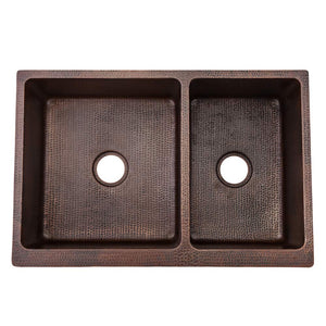 Premier Copper Products KA60DB33229S-NB 33-Inch Hammered Copper Kitchen Apron 60/40 Double Basin Sink w/Scroll Design and Apron Front Nickel Background