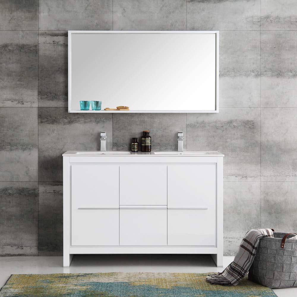 Fresca FVN8148WH-D Fresca Allier 48" White Modern Double Sink Bathroom Vanity w/ Mirror