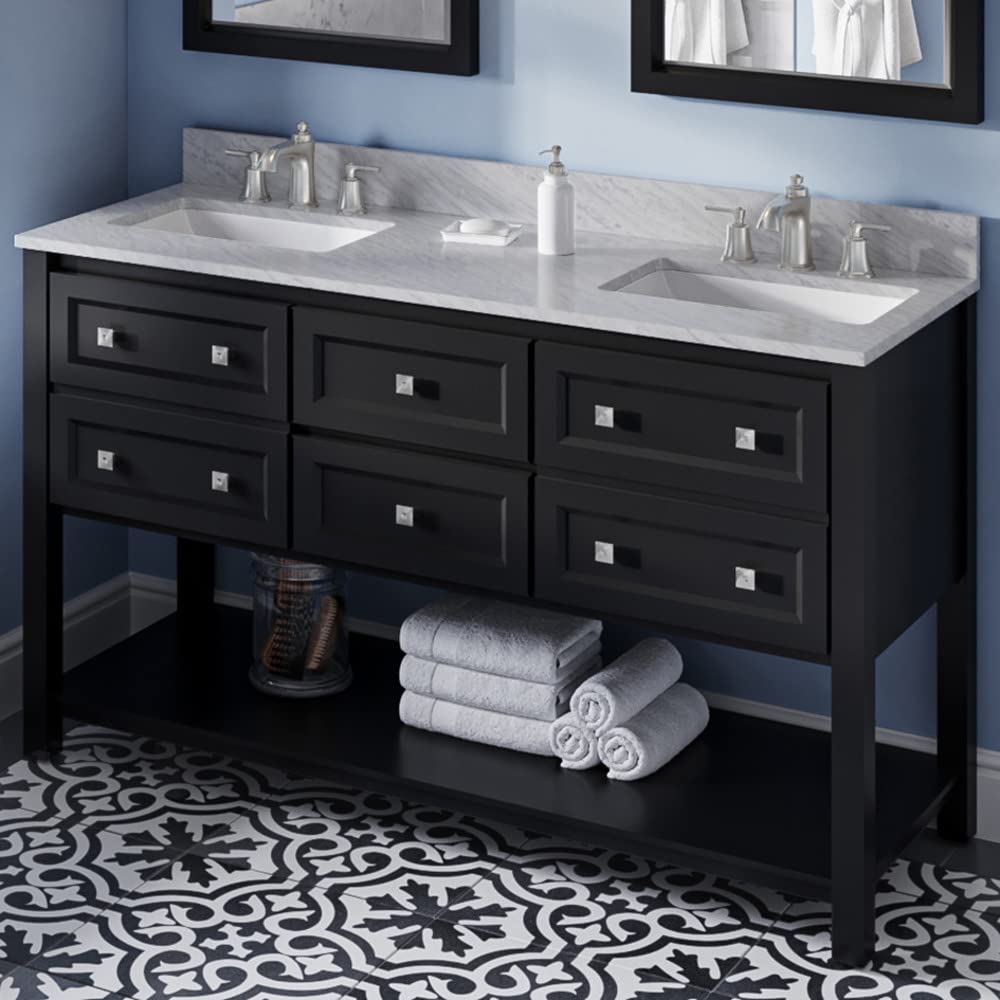 Jeffrey Alexander VKITADL60BKWCR 60" Black Adler Vanity, double bowl, White Carrara Marble Vanity Top, two undermount rectangle bowls