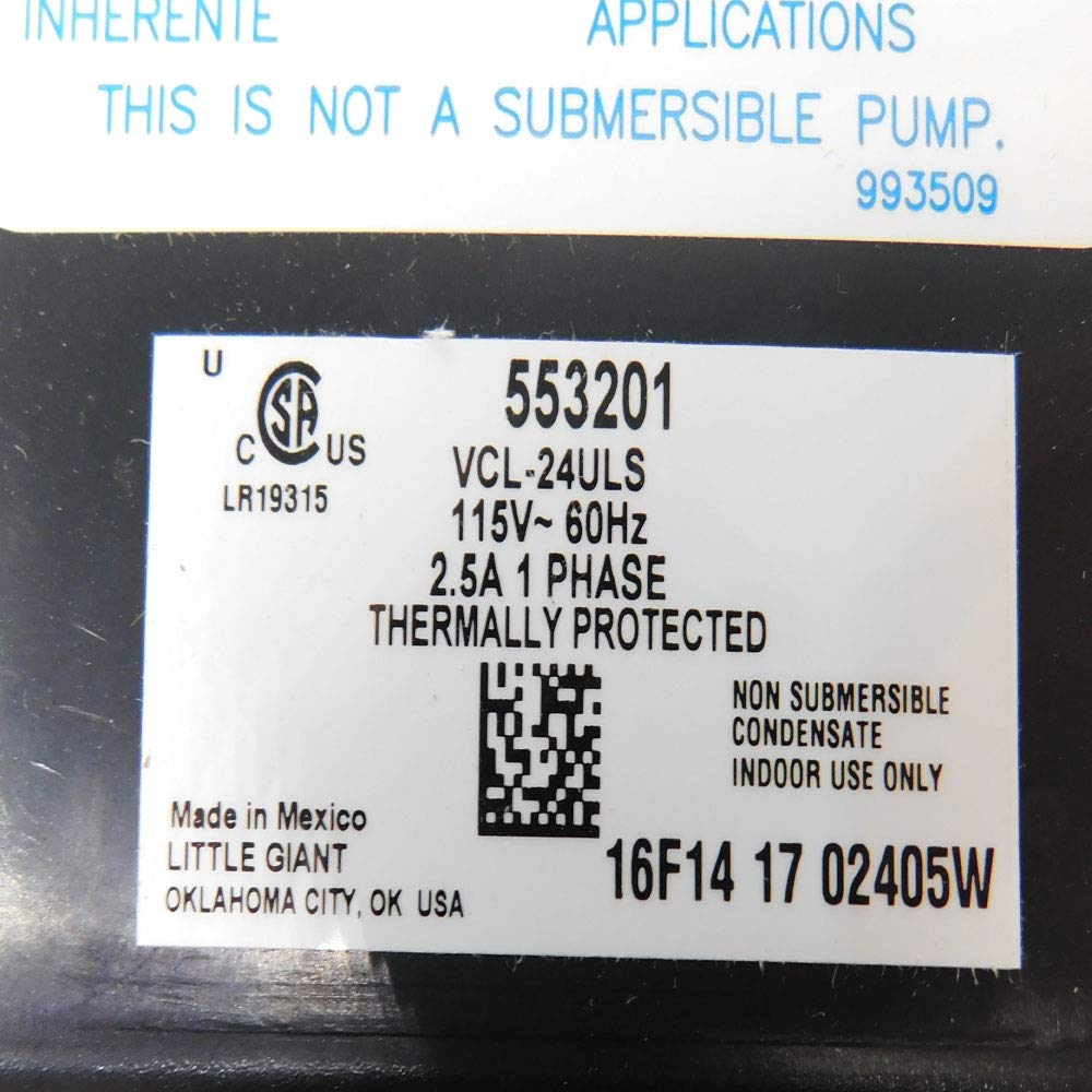 Little Giant VCL-24ULS 115 Volt, 1/18 HP, 270 GPH, Automatic Condensate Removal Pump with 1-Gallon Tank and Safety Switch, 6-Ft. Cord, Black, 553201