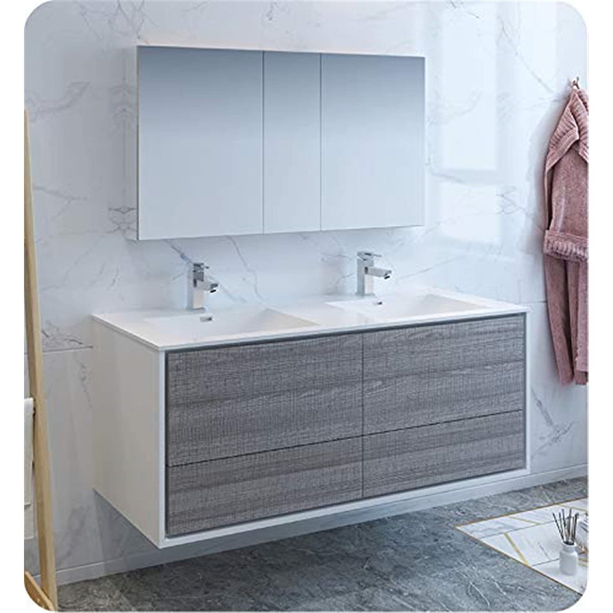 Fresca FVN9260HA-D Fresca Catania 60" Glossy Ash Gray Wall Hung Double Sink Modern Bathroom Vanity w/ Medicine Cabinet