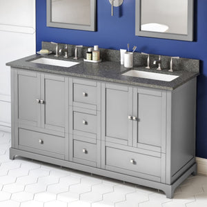 Jeffrey Alexander VKITADD60GRBOR 60" Grey Addington Vanity, double bowl, Boulder Cultured Marble Vanity Top, two undermount rectangle bowls