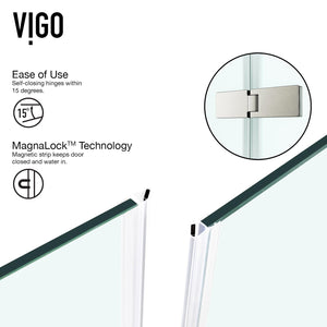 VIGO 30 in. x 46 in. x 73 in. Monteray Frameless Hinged Rectangle Shower Enclosure with Clear 0.38" Tempered Glass and Hardware in Brushed Nickel Finish with Reversible Handle - VG6011BNCL48
