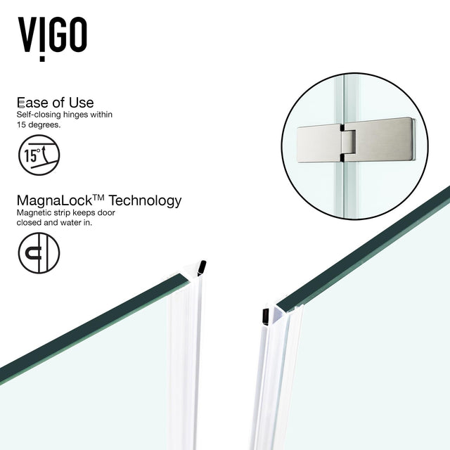 VIGO 30 in. x 46 in. x 73 in. Monteray Frameless Hinged Rectangle Shower Enclosure with Clear 0.38" Tempered Glass and Hardware in Brushed Nickel Finish with Reversible Handle - VG6011BNCL48