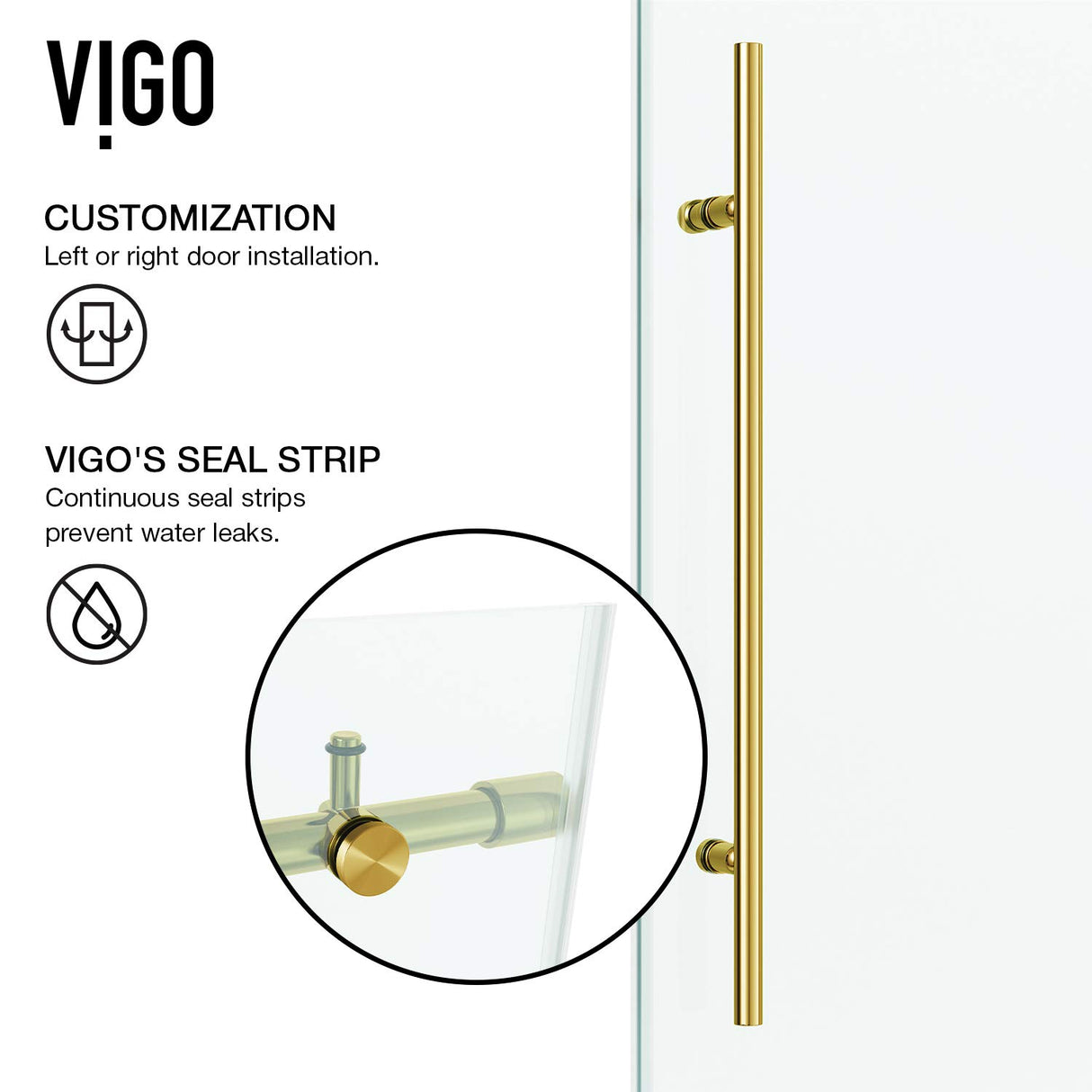 VIGO Adjustable 60-64"W x 76"H Elan E-Class Frameless Sliding Rectangle Shower Door with Clear Tempered Glass, Reversible Door Handle and Stainless Steel Hardware in Matte Brushed Gold-VG6021MGCL6476