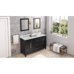 Jeffrey Alexander VKITCAD60BKWCR 60" Black Cade Vanity, double bowl, White Carrara Marble Vanity Top, two undermount rectangle bowls